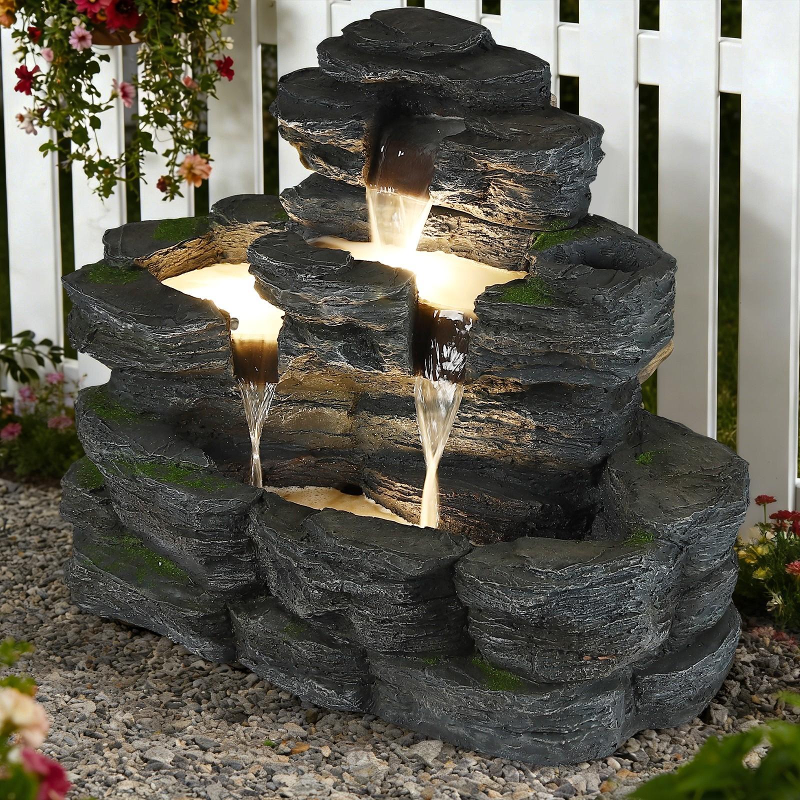 4-Tier Cascading Rock Water Fountain, Outdoor Waterfall Fountain with LED Lights