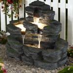 4-Tier Cascading Rock Water Fountain, Outdoor Waterfall Fountain with LED Lights