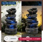 20" Outdoor Water Fountain with Lights, 5-Tiered Cascading Rock Water Fountain, 