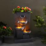 Outdoor Water Fountain with 3-Tiers, LED Lights, Planter, Matte Gray