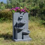 Outdoor Water Fountain with 3-Tiers, LED Lights, Planter, Matte Gray