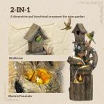 2-in-1 Outdoor Water Fountain with Birdhouse, Tree Trunk Outdoor Water Feature