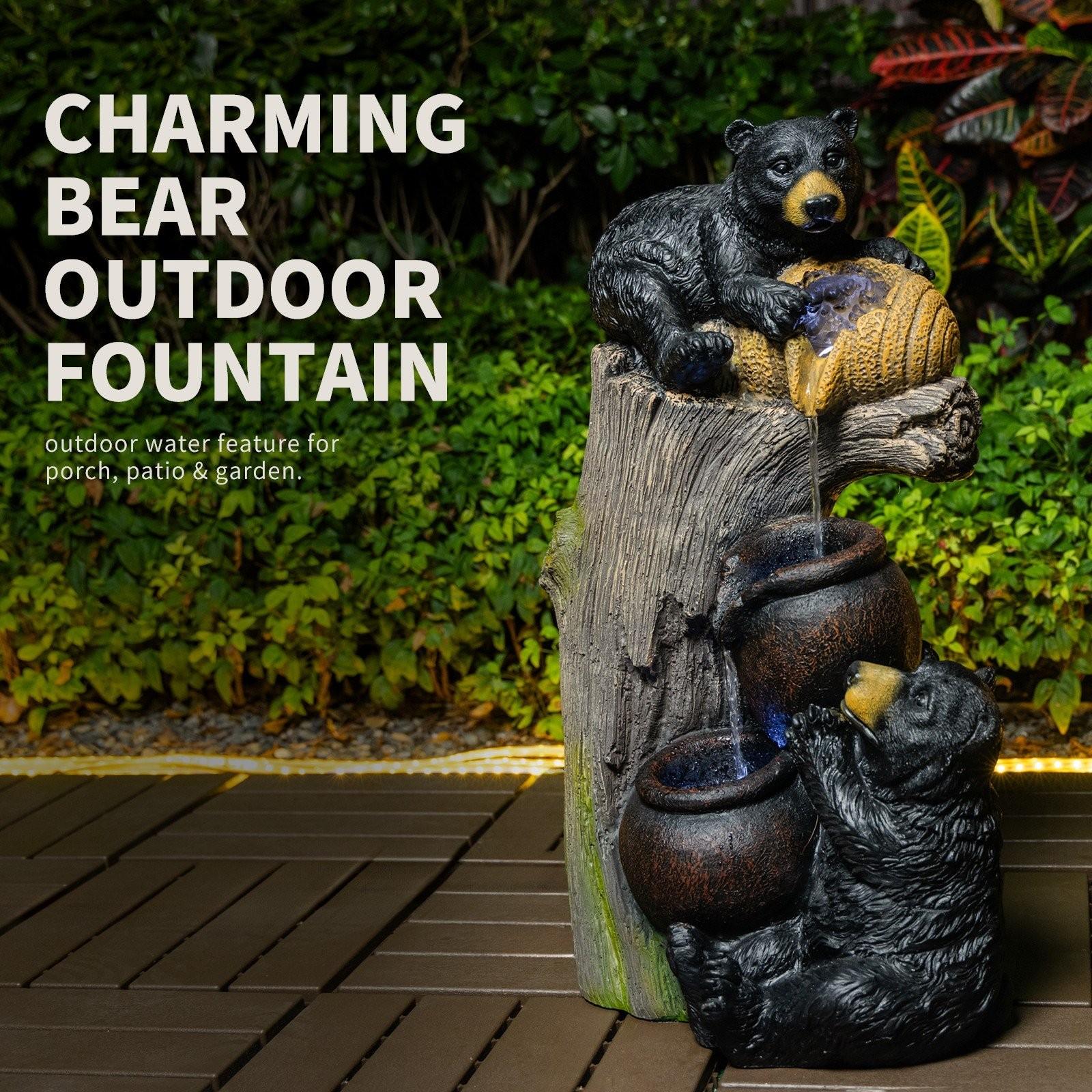 Bear Outdoor Water Fountain with LED Lights Cascading Fountains Outdoor NEW