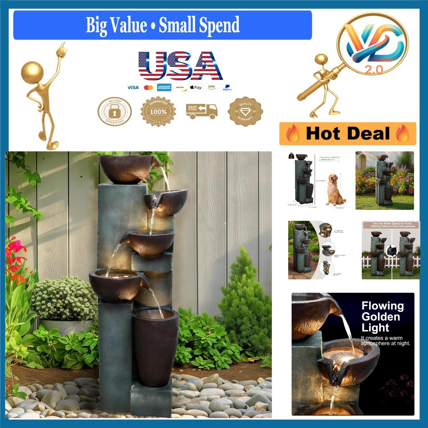Large Outdoor Water Fountain 39.7in with LED Lights 5-Tier Cascading Resin Fi...
