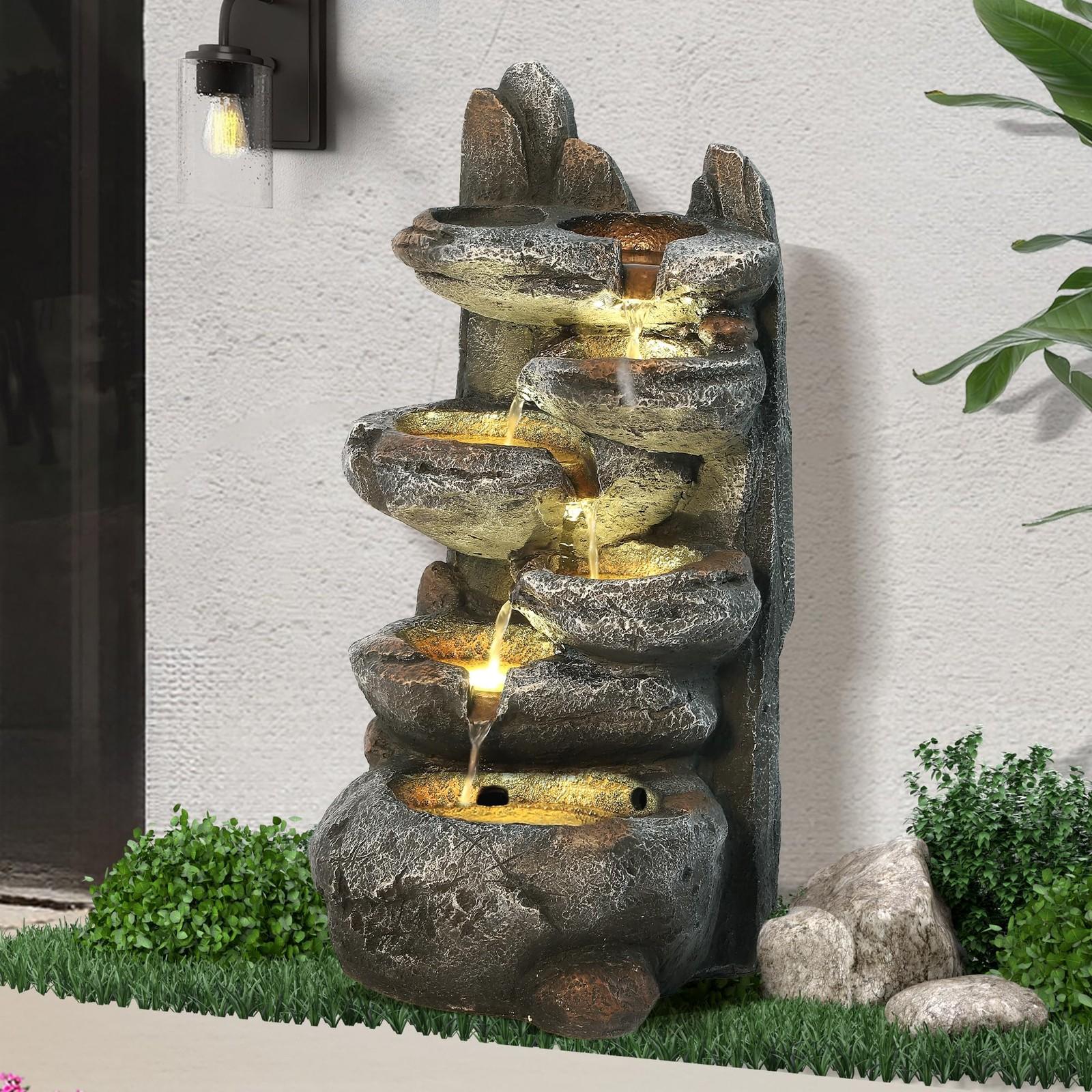 6-Tier Cascading Rock Water Fountain with LED Lights for Patio Garden