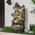 6-Tier Cascading Rock Water Fountain with LED Lights for Patio Garden