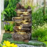 6-Tier Cascading Rock Water Fountain with LED Lights for Patio Garden