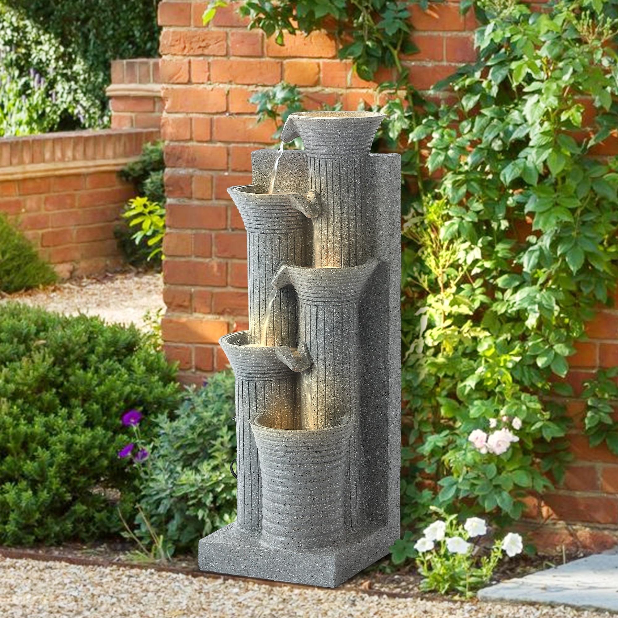 Haverchair 24" Outdoor Water Fountain with LED Lights, 5-Tier Bamboo Joint Design Bowl Garden Fountain, Modern Cascading Waterfall for Garden, Patio, Backyard, Deck, Porch and Home Decor
