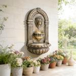 Wall Mounted Lion Head Water Fountain 31.1In 3 Tiers LED Backlight Resin Patio Garden Balcony Rustic Brown 3 Speed Adjustable Pump Indoor Outdoor Space Saving Classic Cascading Home Decor 9.1In Wide
