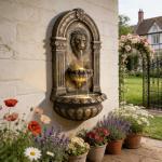 Wall Mounted Lion Head Water Fountain 31.1In 3 Tiers LED Backlight Resin Patio Garden Balcony Rustic Brown 3 Speed Adjustable Pump Indoor Outdoor Space Saving Classic Cascading Home Decor 9.1In Wide