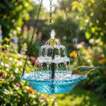 ValueAgain Solar Cascade Hanging Bird Bath Fountain, Outdoor Hanging Bird Bath with Solar Fountain, Large Humming Bird Baths are Suitable, with Solars Pump & Bowl,for Outdoor, Gardens,Blue