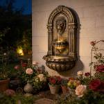 Wall Mounted Lion Head Water Fountain 31.1In 3 Tiers LED Backlight Resin Patio Garden Balcony Rustic Brown 3 Speed Adjustable Pump Indoor Outdoor Space Saving Classic Cascading Home Decor 9.1In Wide