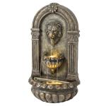 Wall Mounted Lion Head Water Fountain 31.1In 3 Tiers LED Backlight Resin Patio Garden Balcony Rustic Brown 3 Speed Adjustable Pump Indoor Outdoor Space Saving Classic Cascading Home Decor 9.1In Wide