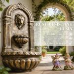 Wall Mounted Lion Head Water Fountain 31.1In 3 Tiers LED Backlight Resin Patio Garden Balcony Rustic Brown 3 Speed Adjustable Pump Indoor Outdoor Space Saving Classic Cascading Home Decor 9.1In Wide
