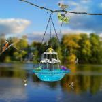 JWZZYD Solar Cascade Hanging Bird Bath Fountain, Hummingbird Water Fountain with Solars Pump & Glass Bowl, Outdoor Weatherproof Water Feature for Garden Yard Patio Backyard Decoration, Blue, 1 Pack