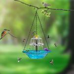 JWZZYD Solar Cascade Hanging Bird Bath Fountain, Hummingbird Water Fountain with Solars Pump & Glass Bowl, Outdoor Weatherproof Water Feature for Garden Yard Patio Backyard Decoration, Blue, 1 Pack