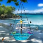 JWZZYD Solar Cascade Hanging Bird Bath Fountain, Hummingbird Water Fountain with Solars Pump & Glass Bowl, Outdoor Weatherproof Water Feature for Garden Yard Patio Backyard Decoration, Blue, 1 Pack