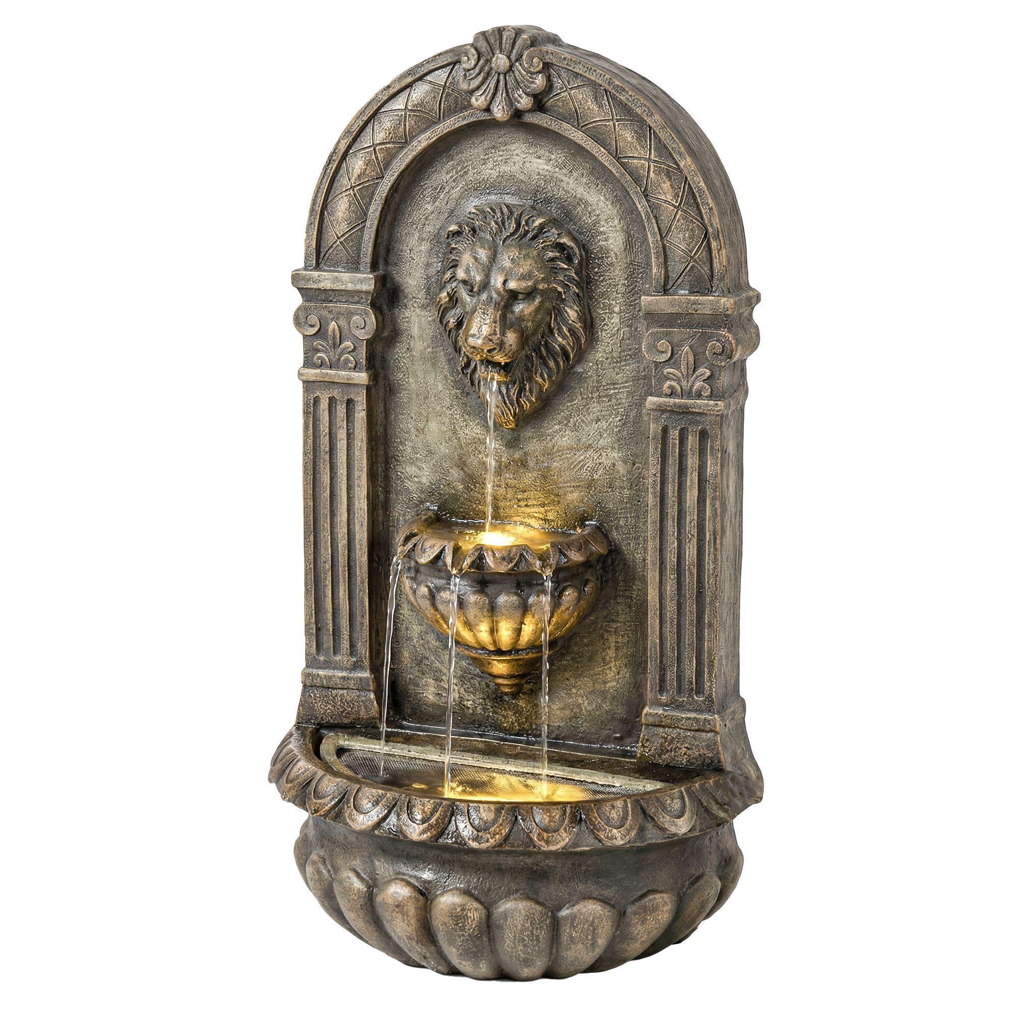 31 Inch Bronze Outdoor Wall Mounted 3 Tier Cascading Waterfall Fountain with LED Lights and Adjustable Water Flow