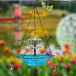 JWZZYD Solar Cascade Hanging Bird Bath Fountain, Hummingbird Water Fountain with Solars Pump & Glass Bowl, Outdoor Weatherproof Water Feature for Garden Yard Patio Backyard Decoration, Blue, 1 Pack