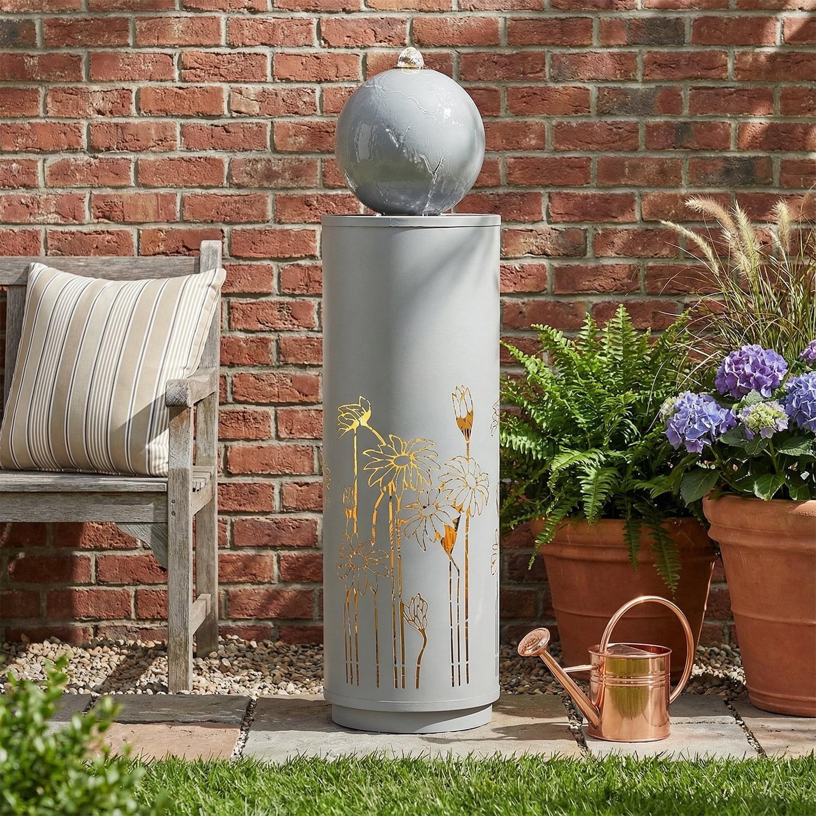 PUKNLY 30.71"H Light Gray Metal Leaf Cutout Outdoor Water Wall Fountain with LED Lights, Modern Waterfall Feature for Patio Garden Backyard Decor