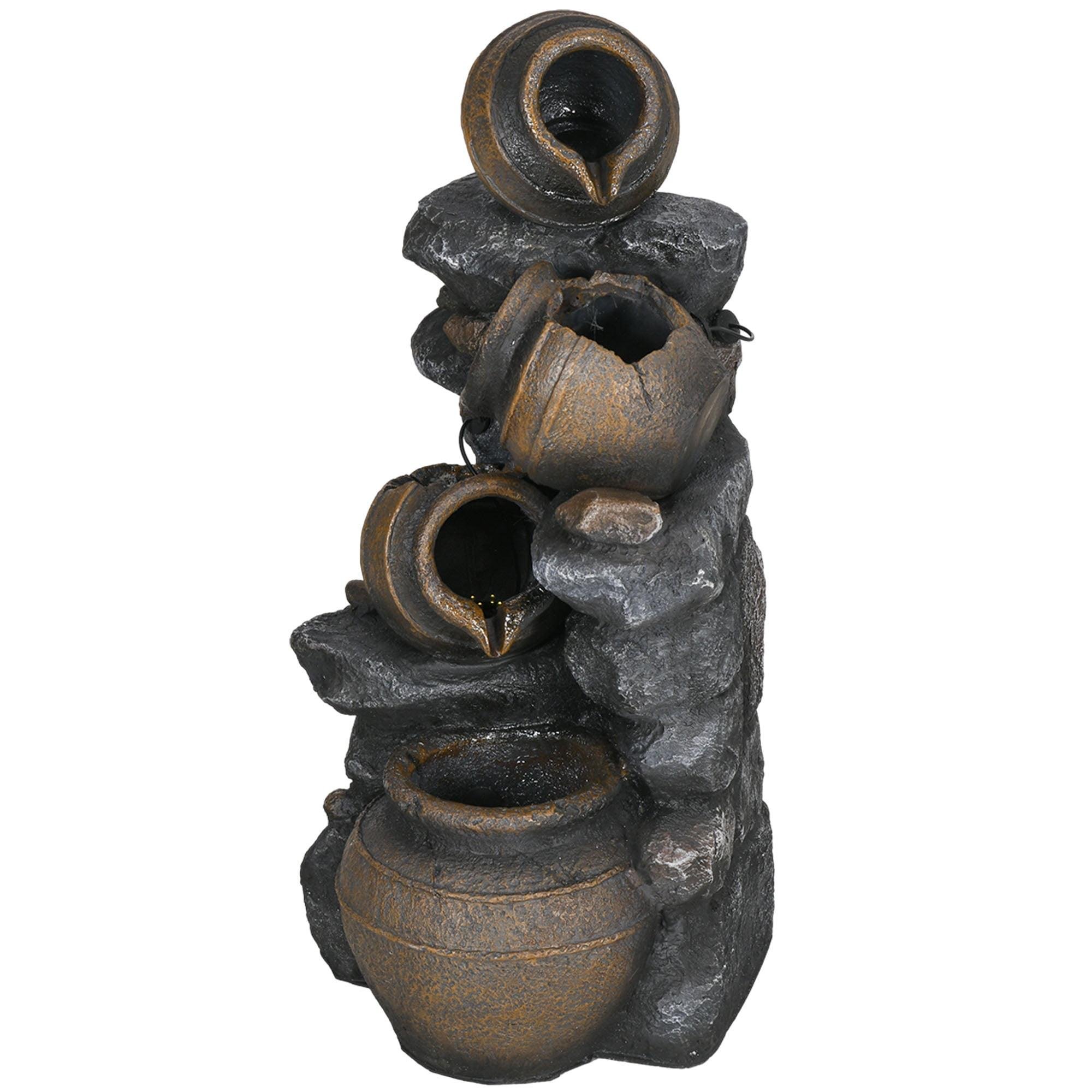 28.3" Solar Water Fountain, 4-Tier Resin Cascading Jars and Stacked Stones Outdoor Waterfall Fountain with LED Lights