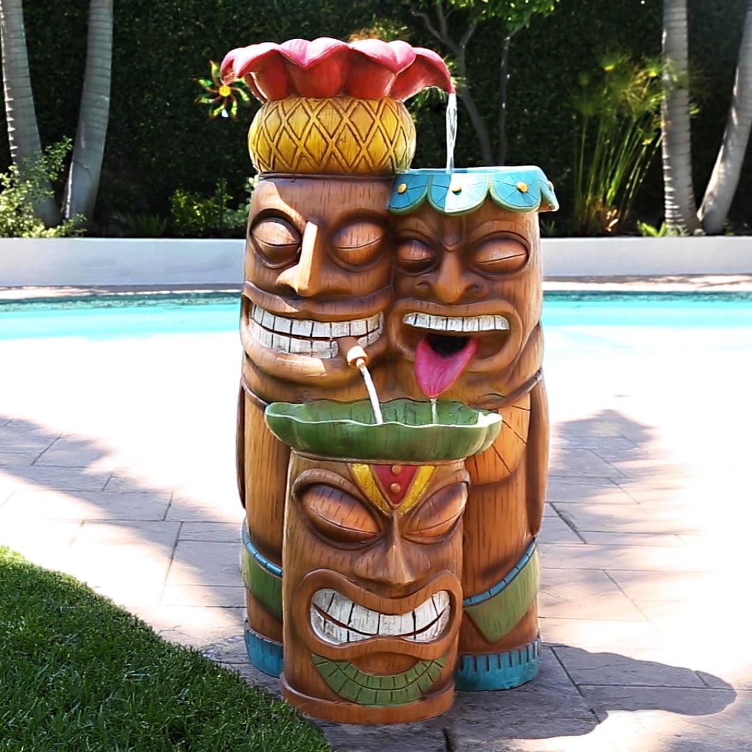 Alpine Corporation 35" 3-Tiered Colorful Tiki Head Water Fountain with LED Lights - Indoor/Outdoor Tropical Waterfall for Garden, Patio, and Yard Décor
