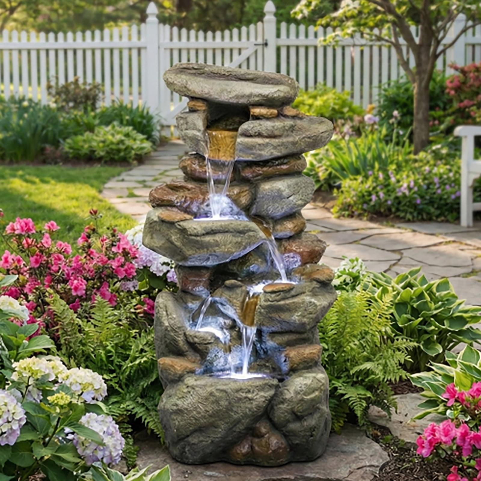 Elleree 30'' Outdoor Water Fountain, Cascading Rock Stone Fountains with LED Light for Outside Yard Garden Patio Water Feature Waterfall Decor