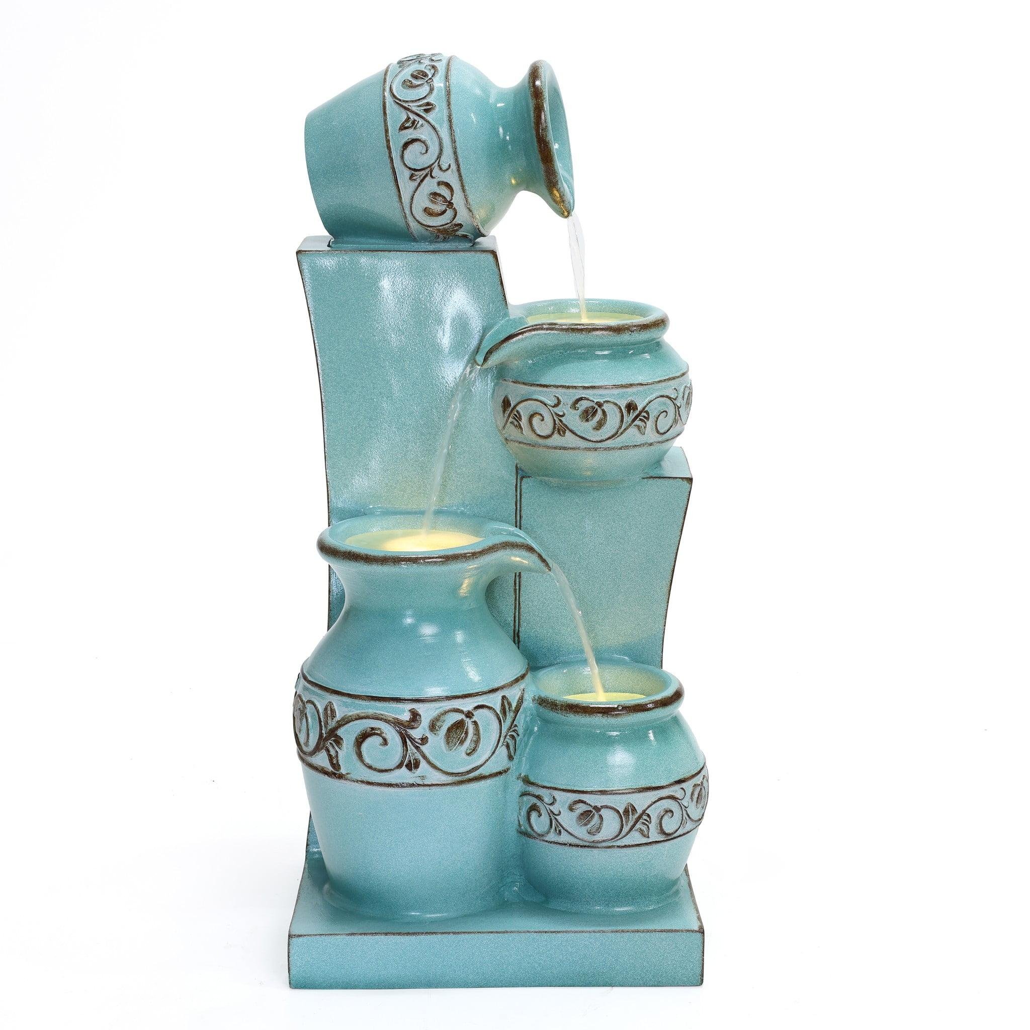 LuxenHome Light Blue 4-Tier Ornate Jugs 2.5-Feet Tall Outdoor Polyresin Fountain with Lights