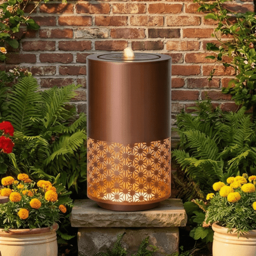 20" Metal Outdoor Water Fountain with LED Lights, Modern Candle Style Cutout Water Feature for Patio Garden Backyard Decor, Brown