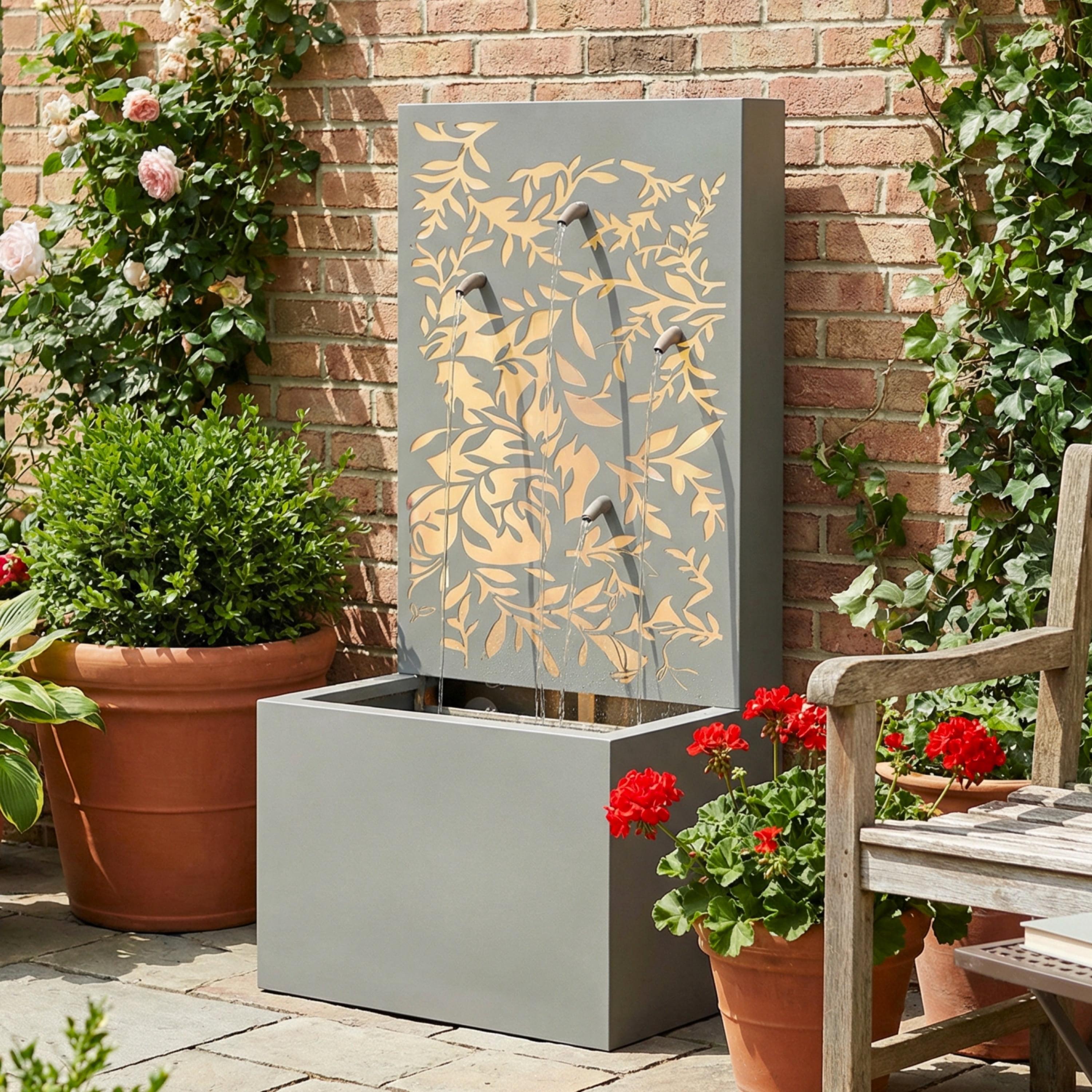 30.71"H Light Gray Metal Leaf Cutout Outdoor Water Wall Fountain with LED Lights, Modern Waterfall Feature for Patio Garden Backyard Decor
