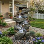 Elleree 30'' Outdoor Water Fountain, Cascading Rock Stone Fountains with LED Light for Outside Yard Garden Patio Water Feature Waterfall Decor