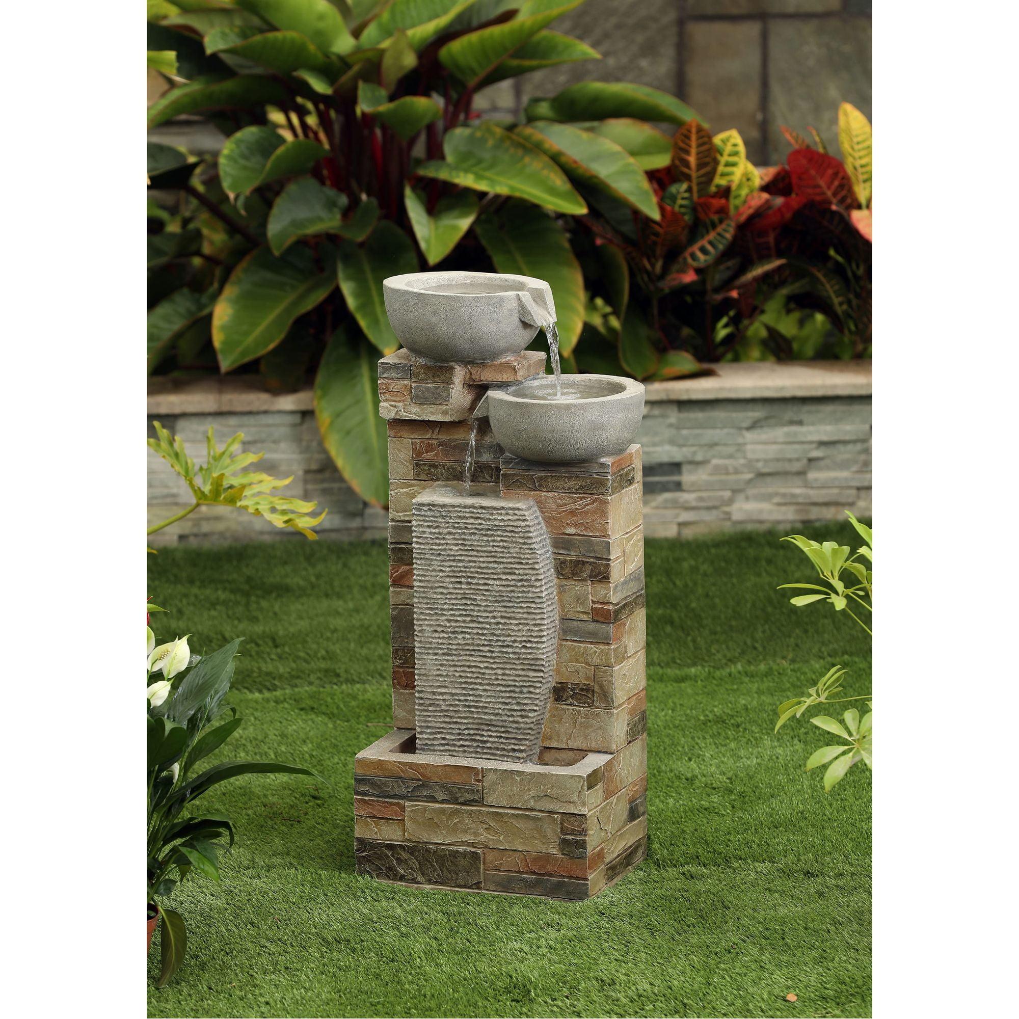 28.75" Brown and Gray Contemporary Brick Wall Outdoor Water Fountain