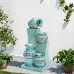 LuxenHome Light Blue 4-Tier Ornate Jugs 2.5-Feet Tall Outdoor Polyresin Fountain with Lights