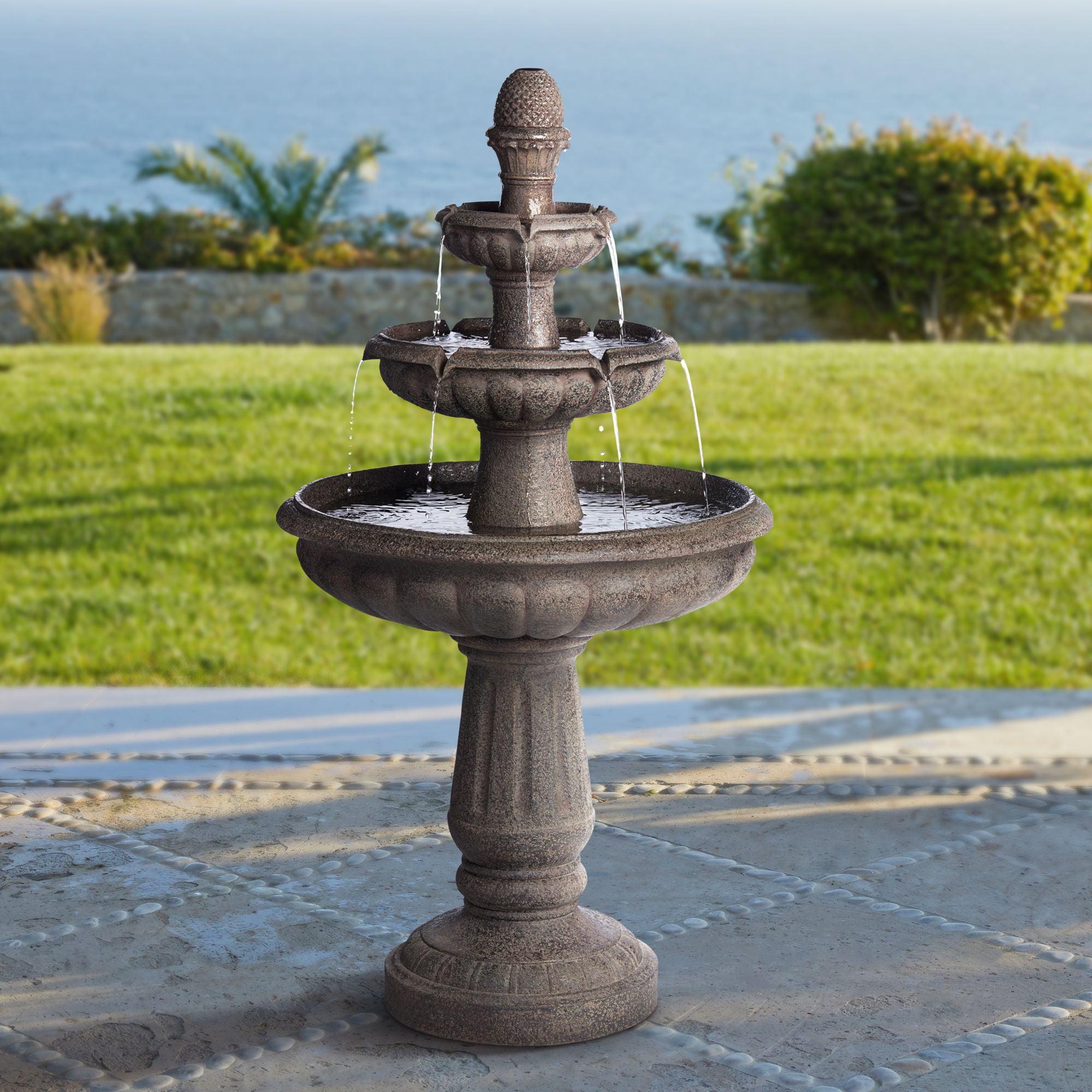 Rendaux 43" High Large Italian Outdoor Decor Gray Faux Stone Floor Fountain with Light LED 3-Tier Outside