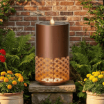 20.87H Brown Metal Cutout Outdoor Water Fountain with LED Lights Modern Freestanding Candle Style Water Feature for Patio Backyard Garden