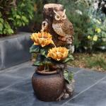 LuxenHome Sunflower and Owl 2.3-Feet Tall Outdoor Polyresin Fountain with Lights