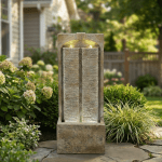 39 Inch Slate Water Wall Fountain with Cool White LED Lights, Indoor/Outdoor Cascading Waterfall Fountain, Weather-Resistant Polyresin Fountain for Patio, Garden & Home Decor