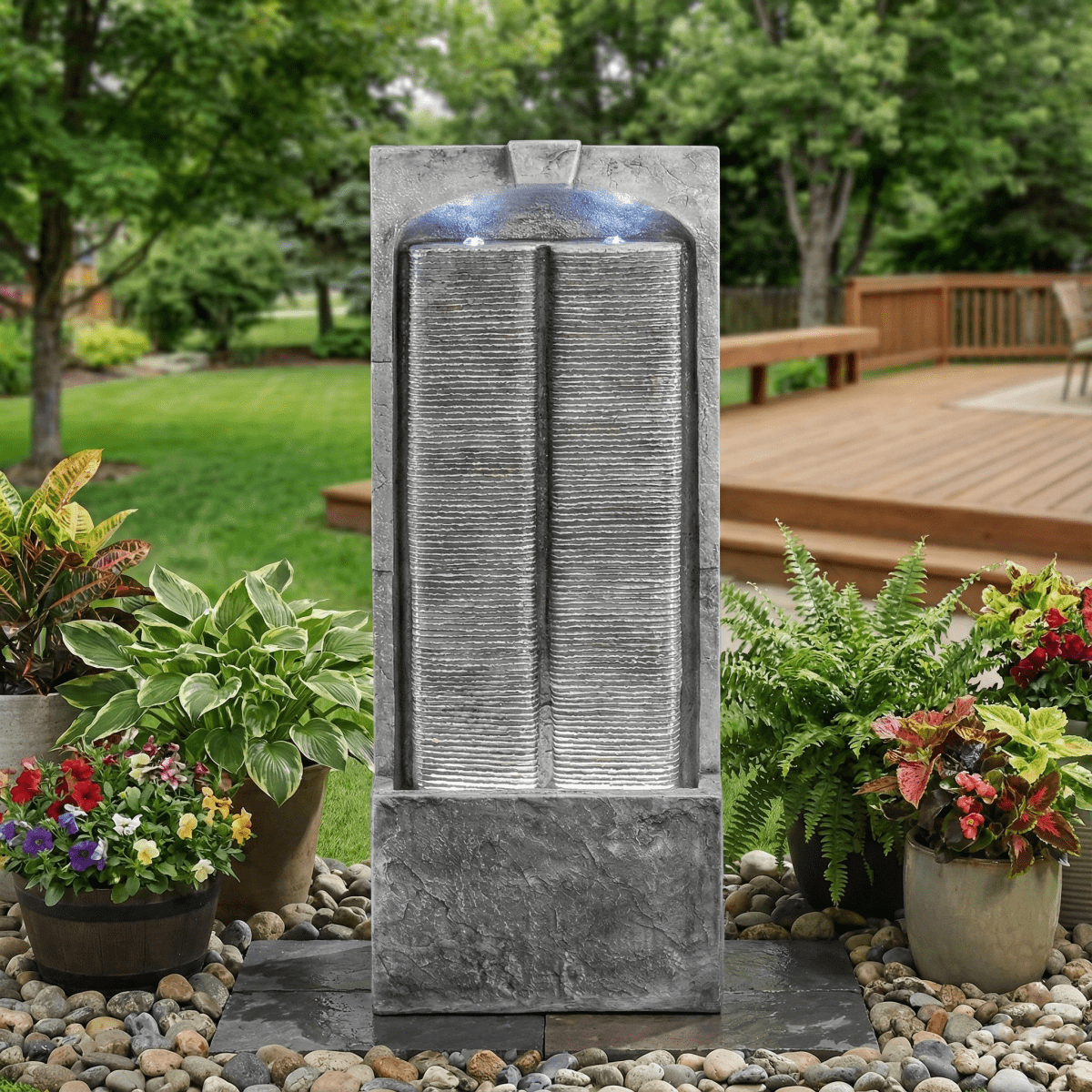 39 Inch Slate Water Wall Fountain with Cool White LED Lights, Indoor/Outdoor Cascading Waterfall Fountain, Weather-Resistant Polyresin Fountain for Patio, Garden & Home Decor