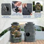 Outdoor Cascading Stone Water Fountain, 7-Tier Floor Natural Looking Rock Fountains with LED Pump Moss Decor, Freestanding Resin Fountain and Cascading Water Feature for Patio Garden, Grey