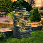 Outdoor Cascading Stone Water Fountain, 7-Tier Floor Natural Looking Rock Fountains with LED Pump Moss Decor, Freestanding Resin Fountain and Cascading Water Feature for Patio Garden, Grey