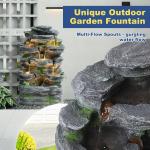 Outdoor Cascading Stone Water Fountain, 7-Tier Floor Natural Looking Rock Fountains with LED Pump Moss Decor, Freestanding Resin Fountain and Cascading Water Feature for Patio Garden, Grey