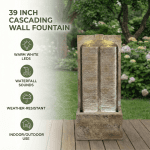 39 Inch Slate Water Wall Fountain with Cool White LED Lights, Indoor/Outdoor Cascading Waterfall Fountain, Weather-Resistant Polyresin Fountain for Patio, Garden & Home Decor