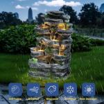 Outdoor Cascading Stone Water Fountain, 7-Tier Floor Natural Looking Rock Fountains with LED Pump Moss Decor, Freestanding Resin Fountain and Cascading Water Feature for Patio Garden, Grey