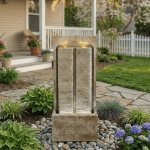 39 Inch Slate Water Wall Fountain with Cool White LED Lights, Indoor/Outdoor Cascading Waterfall Fountain, Weather-Resistant Polyresin Fountain for Patio, Garden & Home Decor