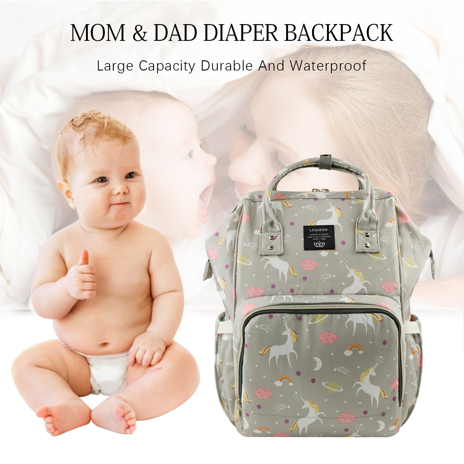 LEQUEEN Waterproof Baby Diaper Bag Backpack - Light Gray