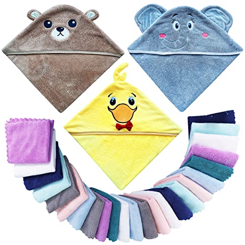 3 Pack Baby Hooded Towels with 24 Washcloths