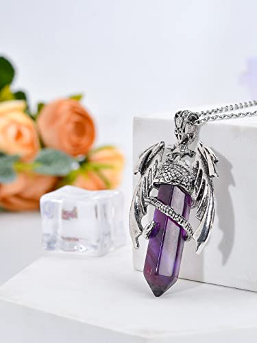 Hexagonal Crystal Dragon Pendant Necklace in Amethyst