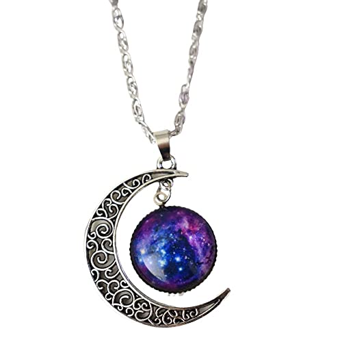 Cosmic Moon Pendant Necklace with Purple Glass