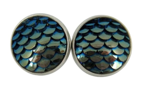 Dragon Mermaid Scale Stud Earrings in Dark Gray Blue