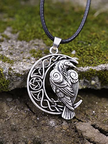 Celtic Raven Necklace on Crescent Moon Pendant